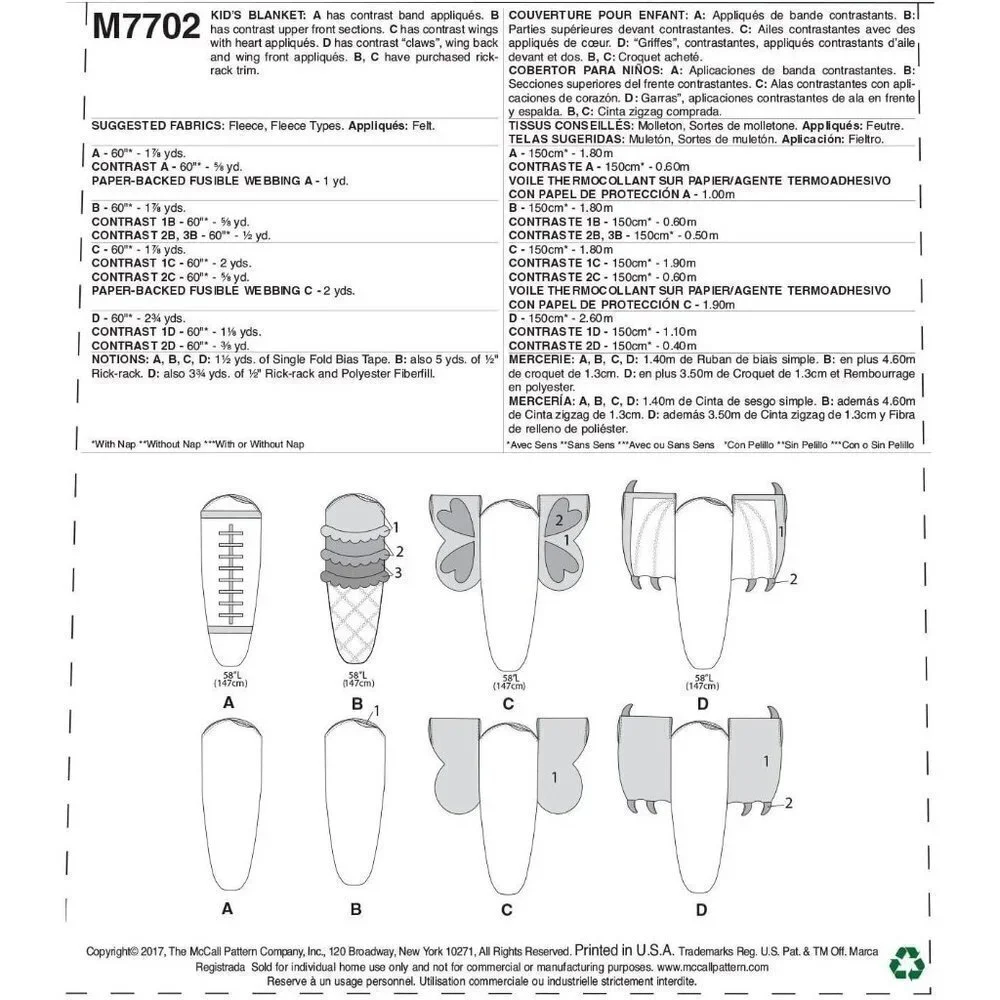McCalls Sewing Pattern 7702‎ Blanket Child Butterfly Ice Cream Football